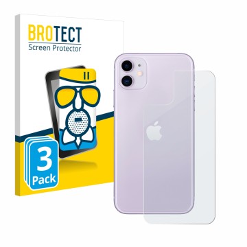Front side of a product packaging with the brand logo BROTECT. Next to it is the device Apple iPhone 11 (Back) shown with the 