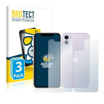 Front side of a product packaging with the brand logo BROTECT. Next to it is the device Apple iPhone 11 (Front+Back) shown wit