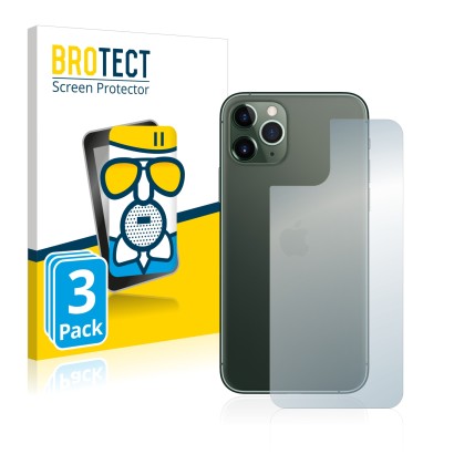 Front side of a product packaging with the brand logo BROTECT. Next to it is the device Apple iPhone 11 Pro (Back) shown with 