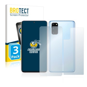 Front side of a product packaging with the brand logo BROTECT. Next to it is the device Samsung Galaxy S20 (Front+Back) shown 