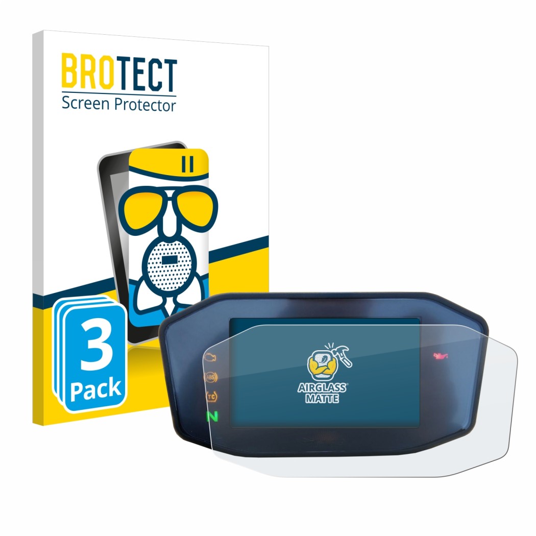 Front side of a product packaging with the brand logo BROTECT. Next to it is the device KTM 890 Duke R 2020 TFT Screen shown w