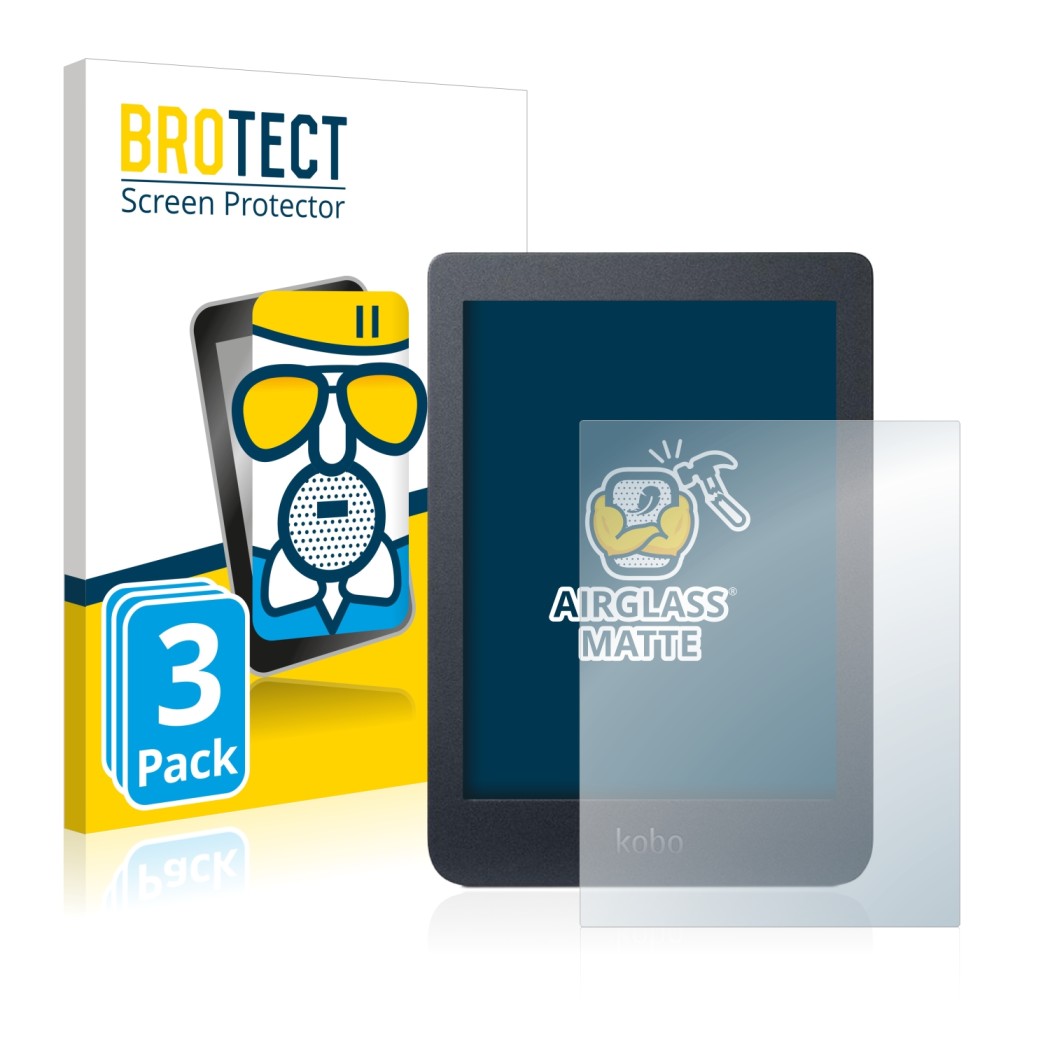 Parte frontal de un envase de producto con el logotipo de la marca BROTECT. Al lado se muestra el dispositivo Kobo Nia con su 