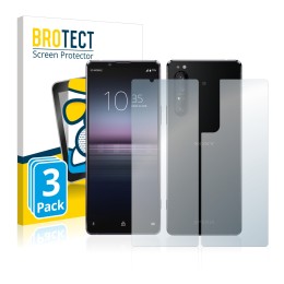 Front side of a product packaging with the brand logo BROTECT. Next to it is the device Sony Xperia 1 II (Front+Back) shown wi