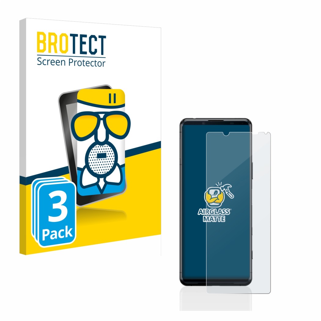 Parte frontal de un envase de producto con el logotipo de la marca BROTECT. Al lado se muestra el dispositivo Sony Xperia 5 II