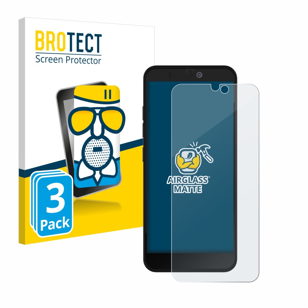 Front side of a product packaging with the brand logo BROTECT. Next to it is the device Fairphone 3 Plus shown with the corres