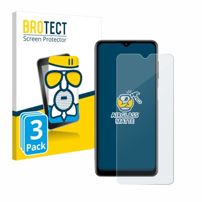 Front side of a product packaging with the brand logo BROTECT. Next to it is the device Samsung Galaxy M12 shown with the corr