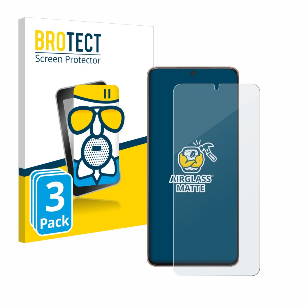 Vorderseite einer Produktverpackung mit dem Markenlogo BROTECT. Daneben ist das Gerät Samsung Galaxy S21 Plus 5G mit dem zugeh