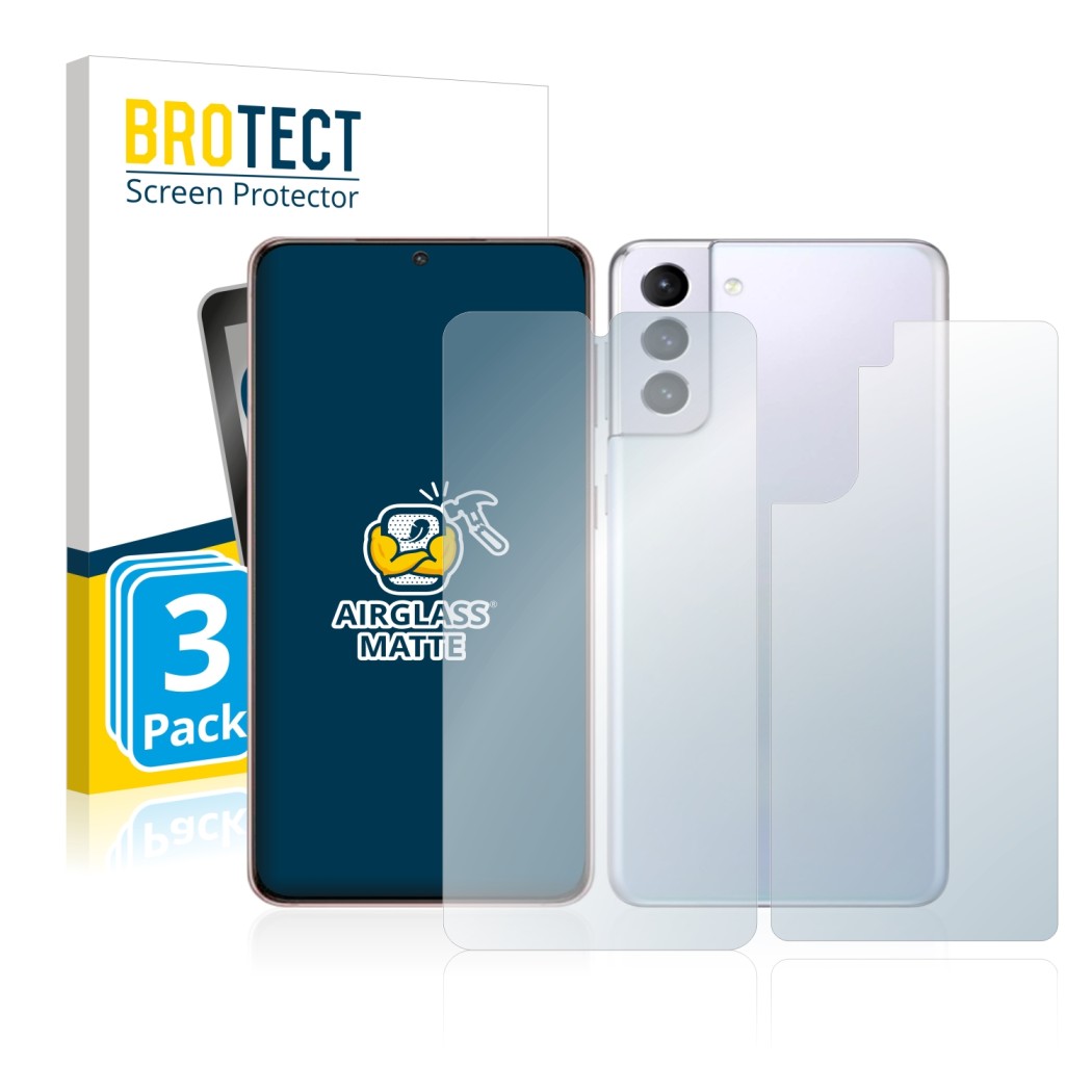 Front side of a product packaging with the brand logo BROTECT. Next to it is the device Samsung Galaxy S21 5G (Front+Back) sho