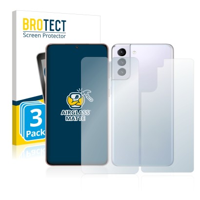 Front side of a product packaging with the brand logo BROTECT. Next to it is the device Samsung Galaxy S21 5G (Front+Back) sho