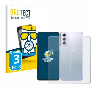 Front side of a product packaging with the brand logo BROTECT. Next to it is the device Samsung Galaxy S21 Plus 5G (Front+Back