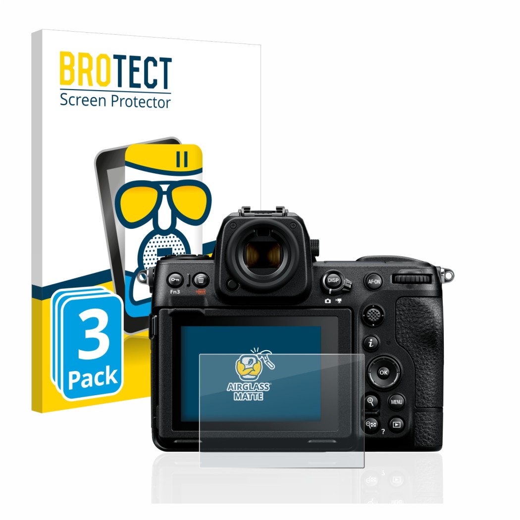 Front side of a product packaging with the brand logo BROTECT. Next to it is the device Nikon Z 8 shown with the corresponding