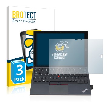Face avant d’un emballage produit avec le logo de la marque BROTECT. À côté, l’appareil Lenovo ThinkPad X1 Tablet Gen 2 est re