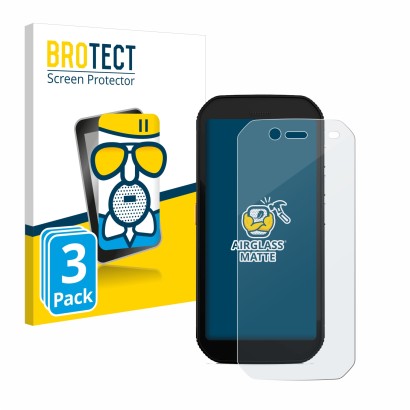 Parte frontal de un envase de producto con el logotipo de la marca BROTECT. Al lado se muestra el dispositivo Caterpillar Cat 