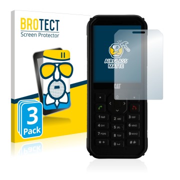 Front side of a product packaging with the brand logo BROTECT. Next to it is the device Caterpillar Cat B40 shown with the cor