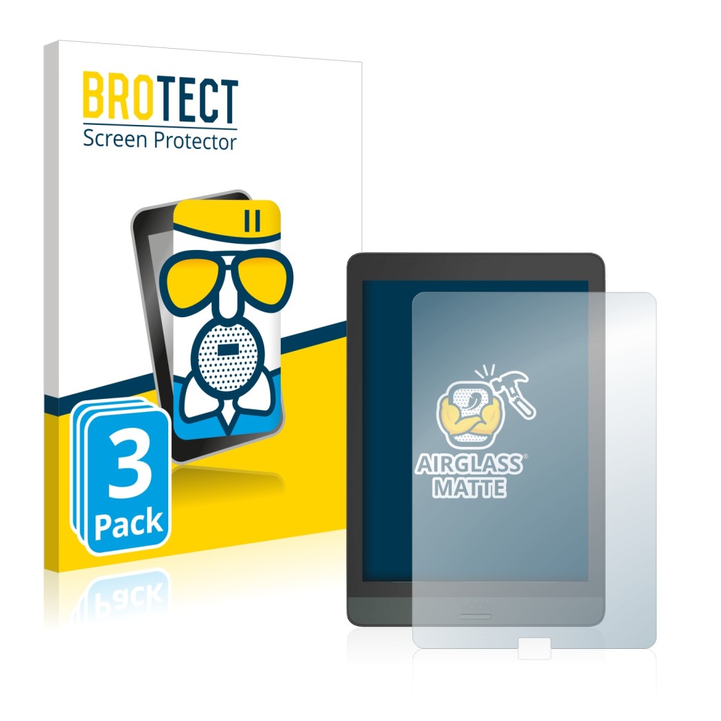 Parte frontal de un envase de producto con el logotipo de la marca BROTECT. Al lado se muestra el dispositivo Boox Nova 3 con 