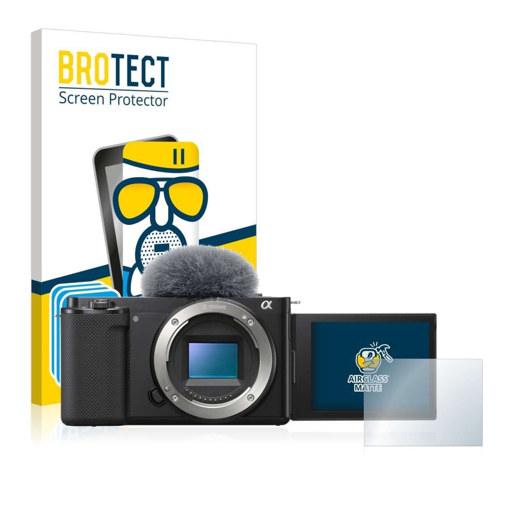 Front side of a product packaging with the brand logo BROTECT. Next to it is the device Sony Alpha ZV-E10 shown with the corre
