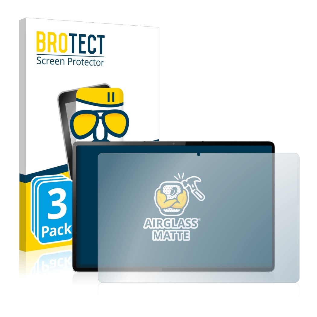 Front side of a product packaging with the brand logo BROTECT. Next to it is the device Lenovo Tab P12 Pro shown with the corr