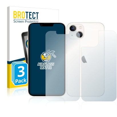 Face avant d’un emballage produit avec le logo de la marque BROTECT. À côté, l’appareil Apple iPhone 13 (Avant+Arrière) est re