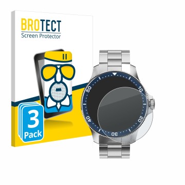 Front side of a product packaging with the brand logo BROTECT. Next to it is the device Withings ScanWatch Horizon (43 mm) sho