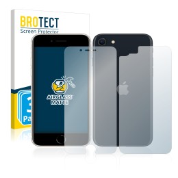 Parte frontal de un envase de producto con el logotipo de la marca BROTECT. Al lado se muestra el dispositivo Apple iPhone SE 