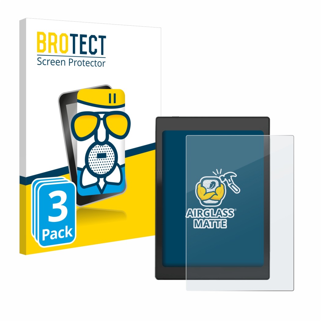 Vorderseite einer Produktverpackung mit dem Markenlogo BROTECT. Daneben ist das Gerät Boox Nova Air C mit dem zugehörigen Disp