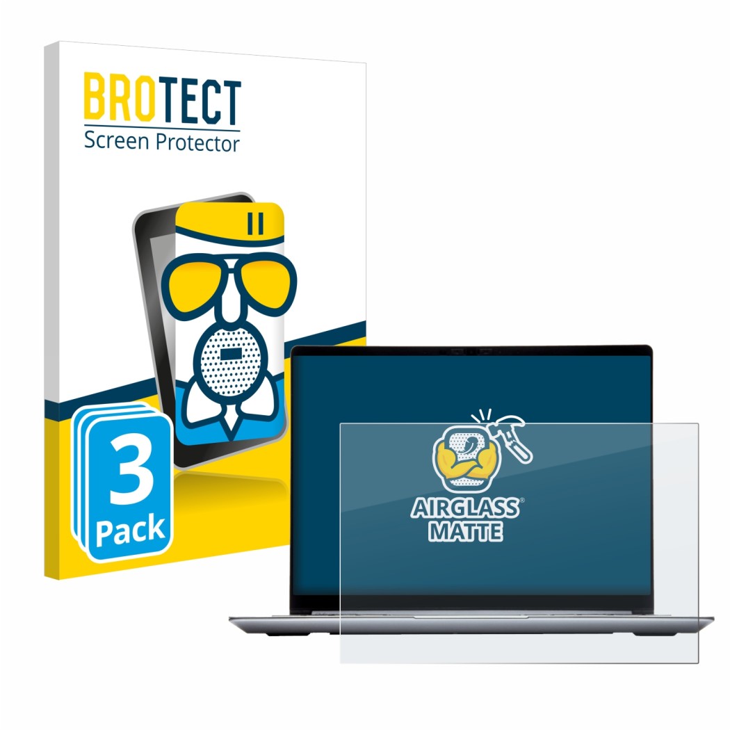 Face avant d’un emballage produit avec le logo de la marque BROTECT. À côté, l’appareil Framework Laptop 13 est représenté ave