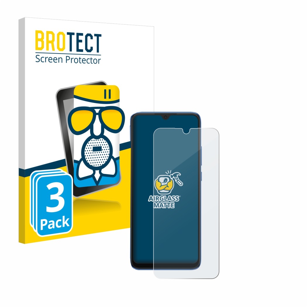 Front side of a product packaging with the brand logo BROTECT. Next to it is the device Xiaomi Redmi 10C shown with the corres