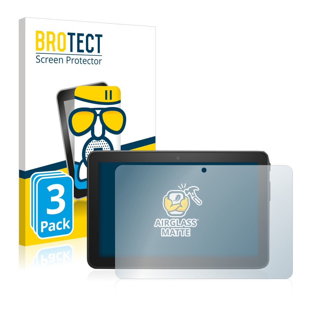Front side of a product packaging with the brand logo BROTECT. Next to it is the device Amazon Fire 7 2022 shown with the corr