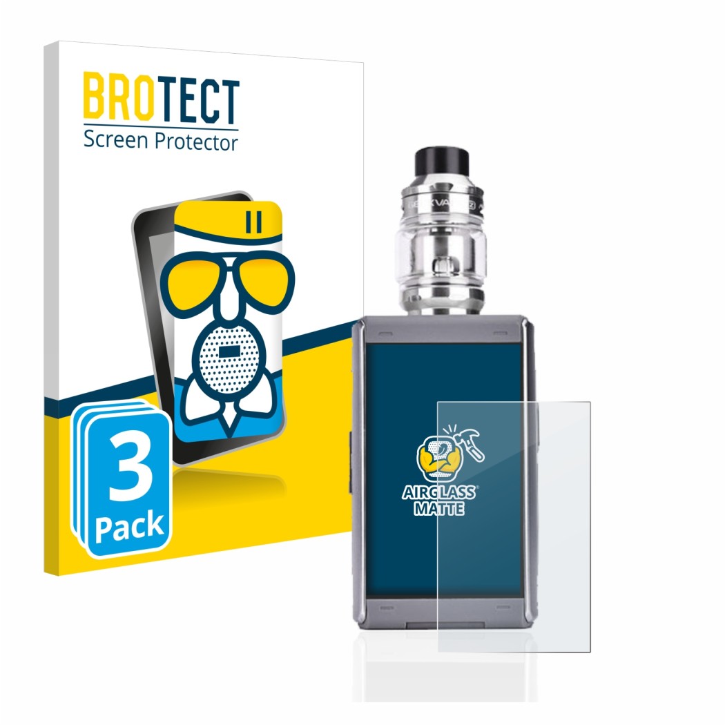Parte frontal de un envase de producto con el logotipo de la marca BROTECT. Al lado se muestra el dispositivo GeekVape T200 co