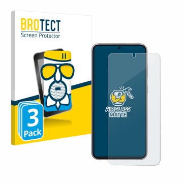 Front side of a product packaging with the brand logo BROTECT. Next to it is the device Samsung Galaxy S23 Plus shown with the