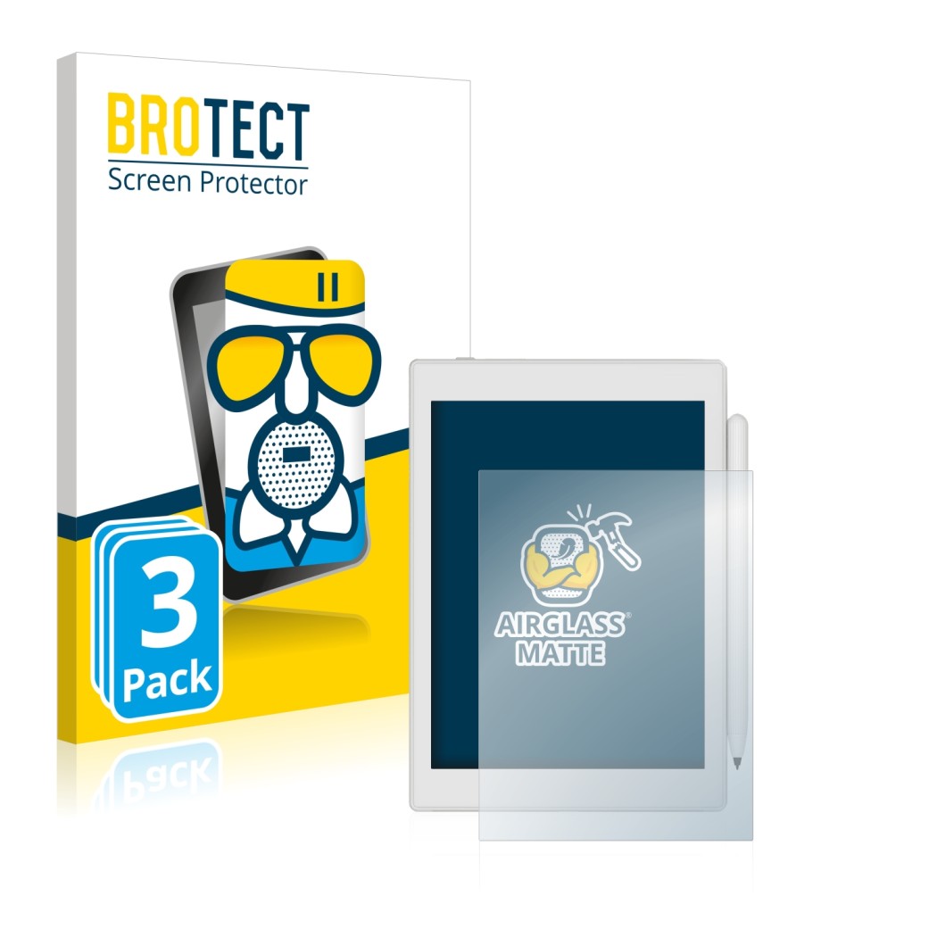 Parte frontale di una confezione del prodotto con il logo del marchio BROTECT. Accanto è raffigurato il dispositivo Boox Nova 