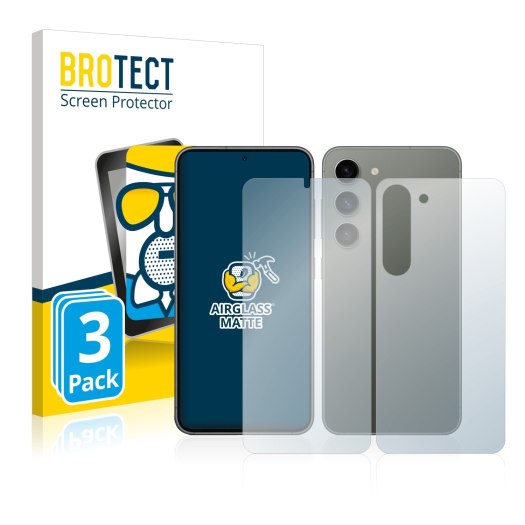 Parte frontal de un envase de producto con el logotipo de la marca BROTECT. Al lado se muestra el dispositivo Samsung Galaxy S