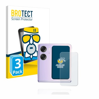 Vorderseite einer Produktverpackung mit dem Markenlogo BROTECT. Daneben ist das Gerät Oppo Find N2 Flip (Hinteres Display) mit