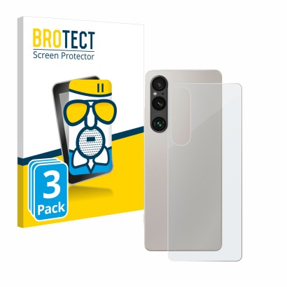Front side of a product packaging with the brand logo BROTECT. Next to it is the device Sony Xperia 1 V (Back) shown with the 