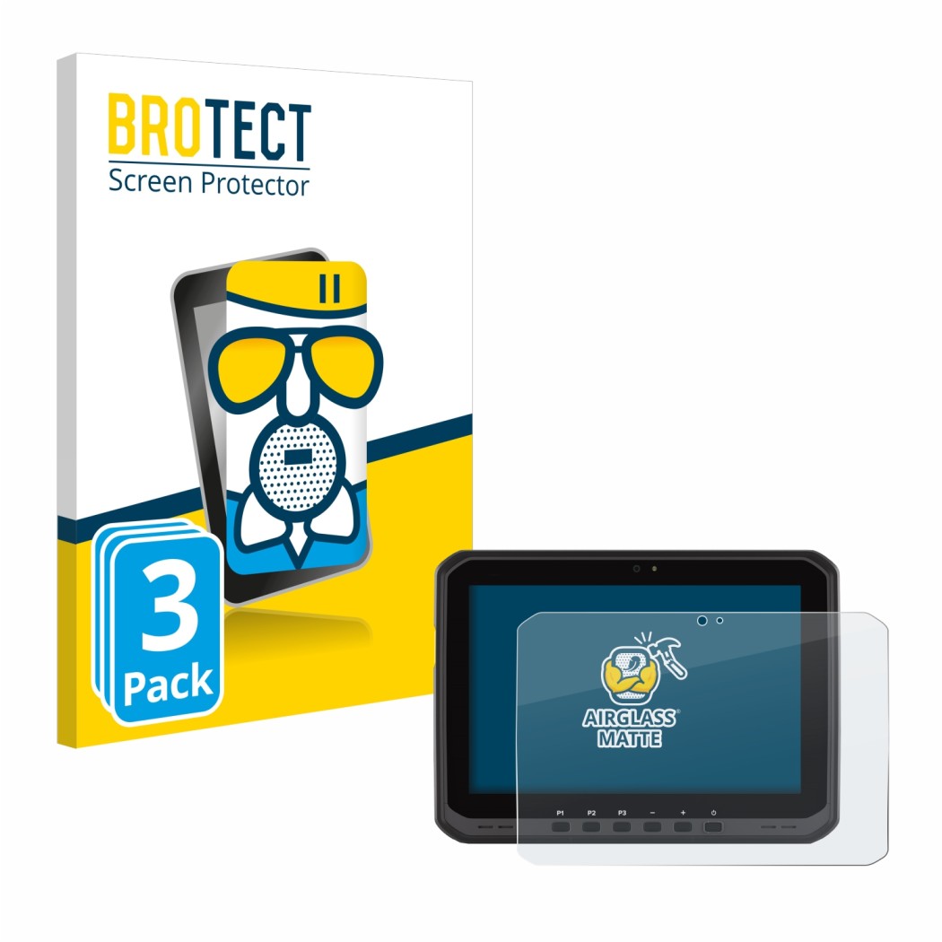 Vorderseite einer Produktverpackung mit dem Markenlogo BROTECT. Daneben ist das Gerät Zebra ET65 mit dem zugehörigen Displaysc