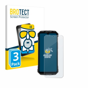 Parte frontal de un envase de producto con el logotipo de la marca BROTECT. Al lado se muestra el dispositivo Doogee S110 con 