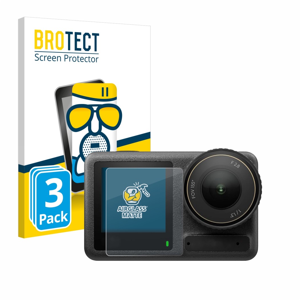 Face avant d’un emballage produit avec le logo de la marque BROTECT. À côté, l’appareil DJI Osmo Action 4 (Affichage avant) es