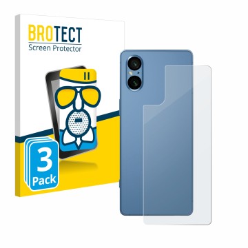 Vorderseite einer Produktverpackung mit dem Markenlogo BROTECT. Daneben ist das Gerät Sony Xperia 5 V (Rückseite) mit dem zuge
