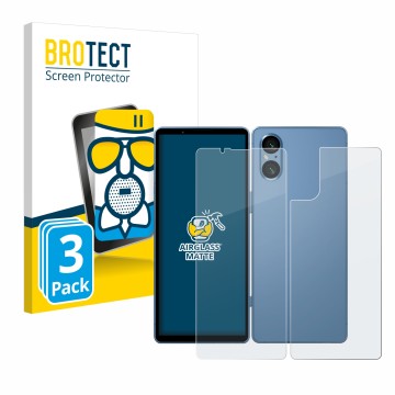 Front side of a product packaging with the brand logo BROTECT. Next to it is the device Sony Xperia 5 V (Front+Back) shown wit