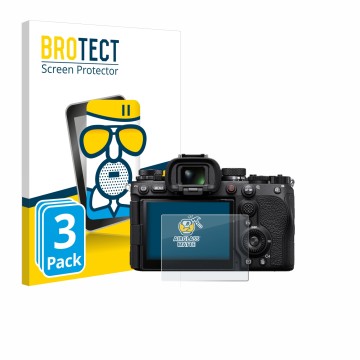 Front side of a product packaging with the brand logo BROTECT. Next to it is the device Sony Alpha 9 III shown with the corres