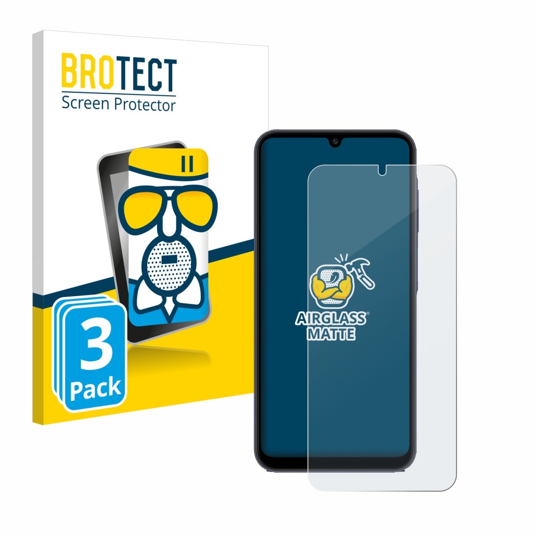 Front side of a product packaging with the brand logo BROTECT. Next to it is the device Samsung Galaxy A25 5G shown with the c