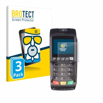 Front side of a product packaging with the brand logo BROTECT. Next to it is the device ingenico Desk/3500 shown with the corr