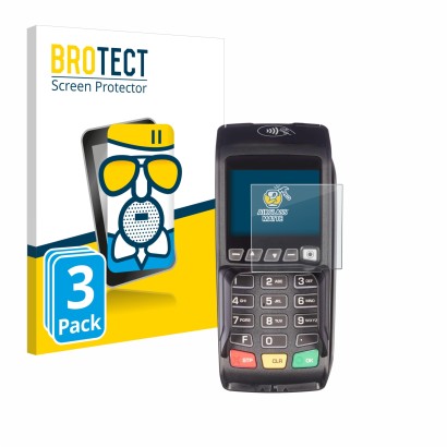 Parte frontal de un envase de producto con el logotipo de la marca BROTECT. Al lado se muestra el dispositivo ingenico Desk/35