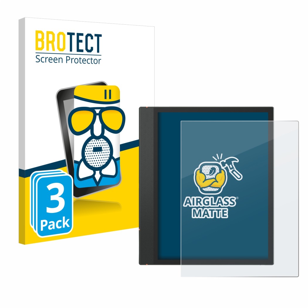 Front side of a product packaging with the brand logo BROTECT. Next to it is the device Boox Note Air 3 shown with the corresp