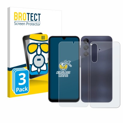 Face avant d’un emballage produit avec le logo de la marque BROTECT. À côté, l’appareil Samsung Galaxy A25 5G (Avant+Arrière) 