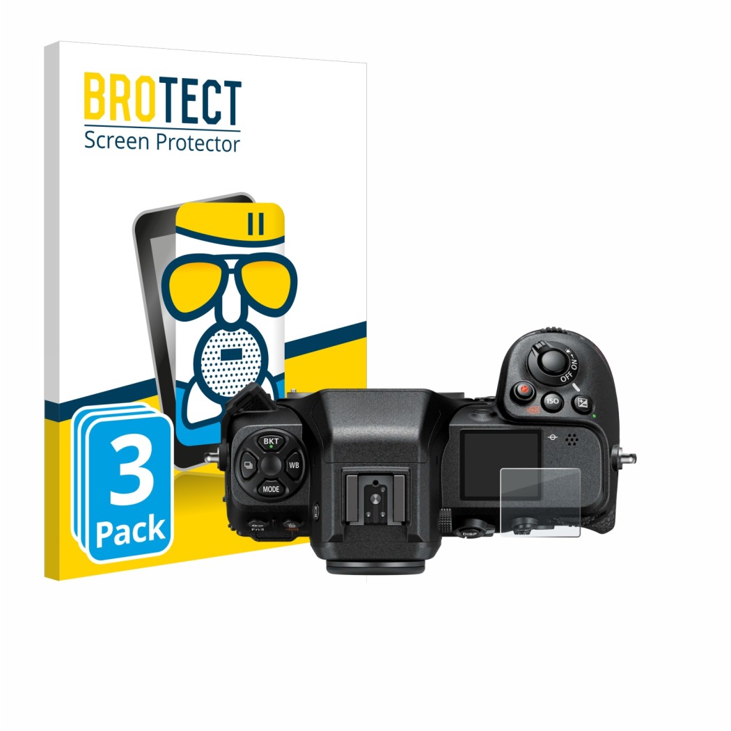 Front side of a product packaging with the brand logo BROTECT. Next to it is the device Nikon Z 8 (top plate display) shown wi