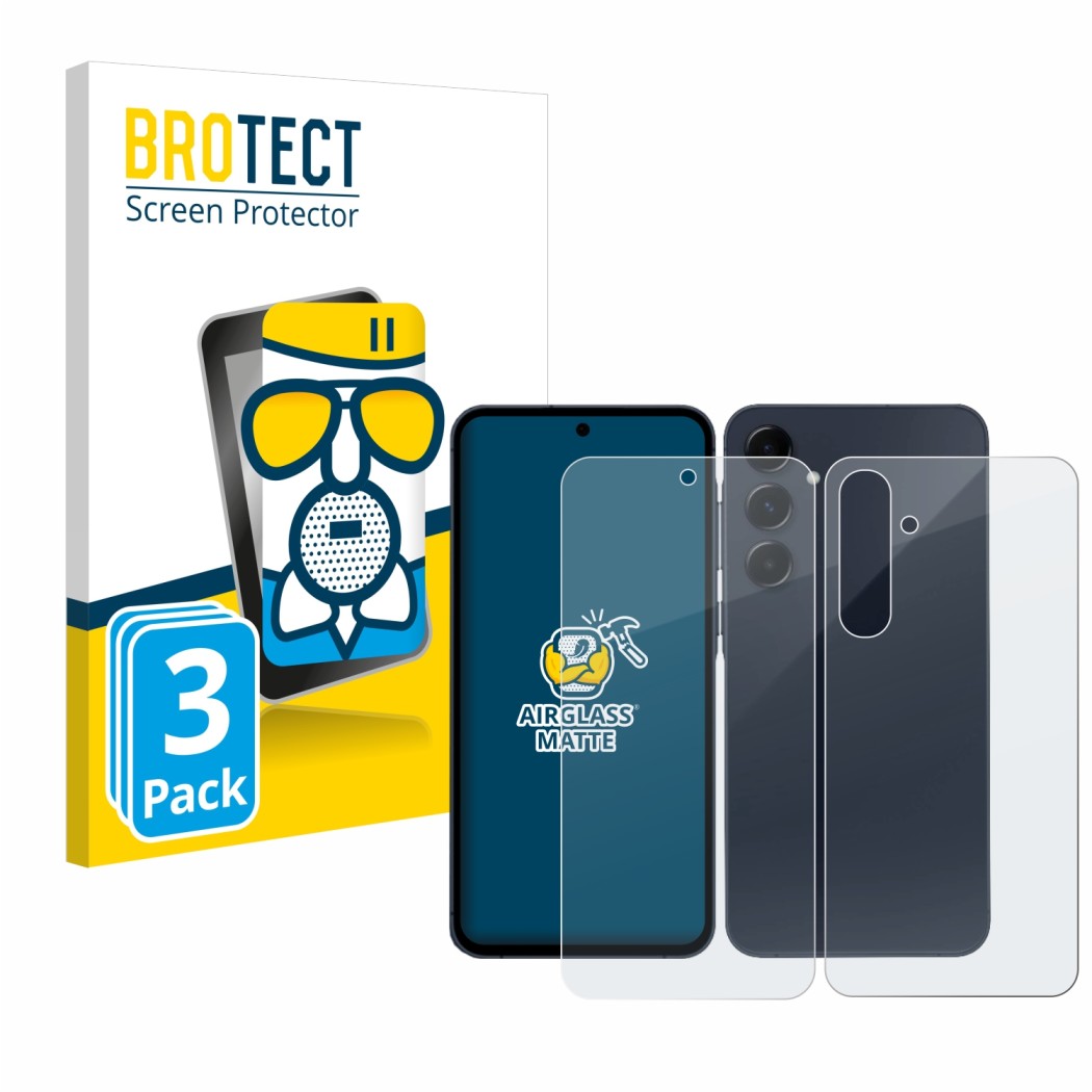 Parte frontal de un envase de producto con el logotipo de la marca BROTECT. Al lado se muestra el dispositivo Samsung Galaxy A