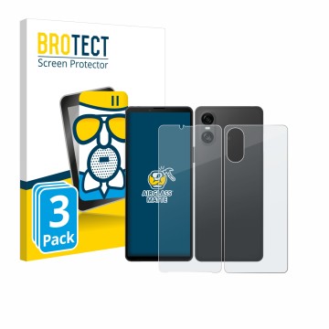 Front side of a product packaging with the brand logo BROTECT. Next to it is the device Sony Xperia 10 VI (Front+Back) shown w