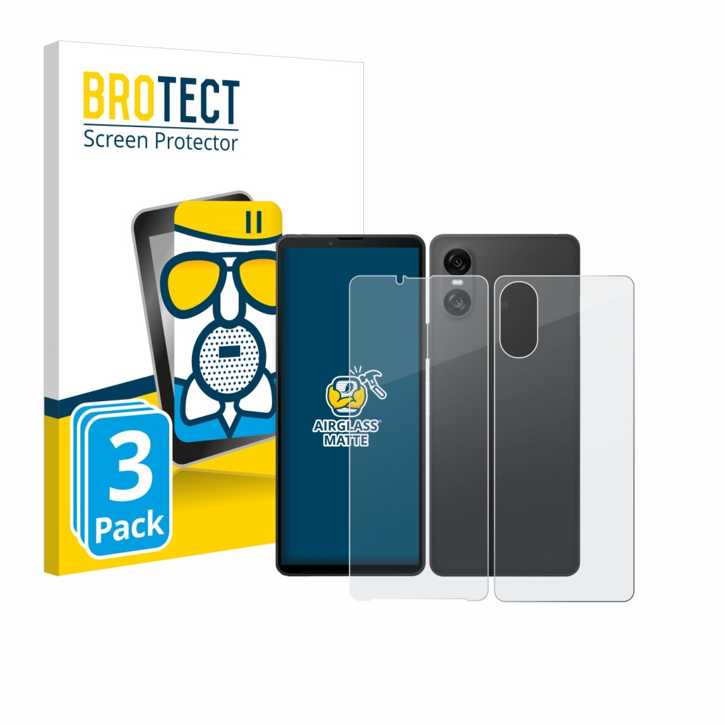 Front side of a product packaging with the brand logo BROTECT. Next to it is the device Sony Xperia 10 VI (Front+Back) shown w