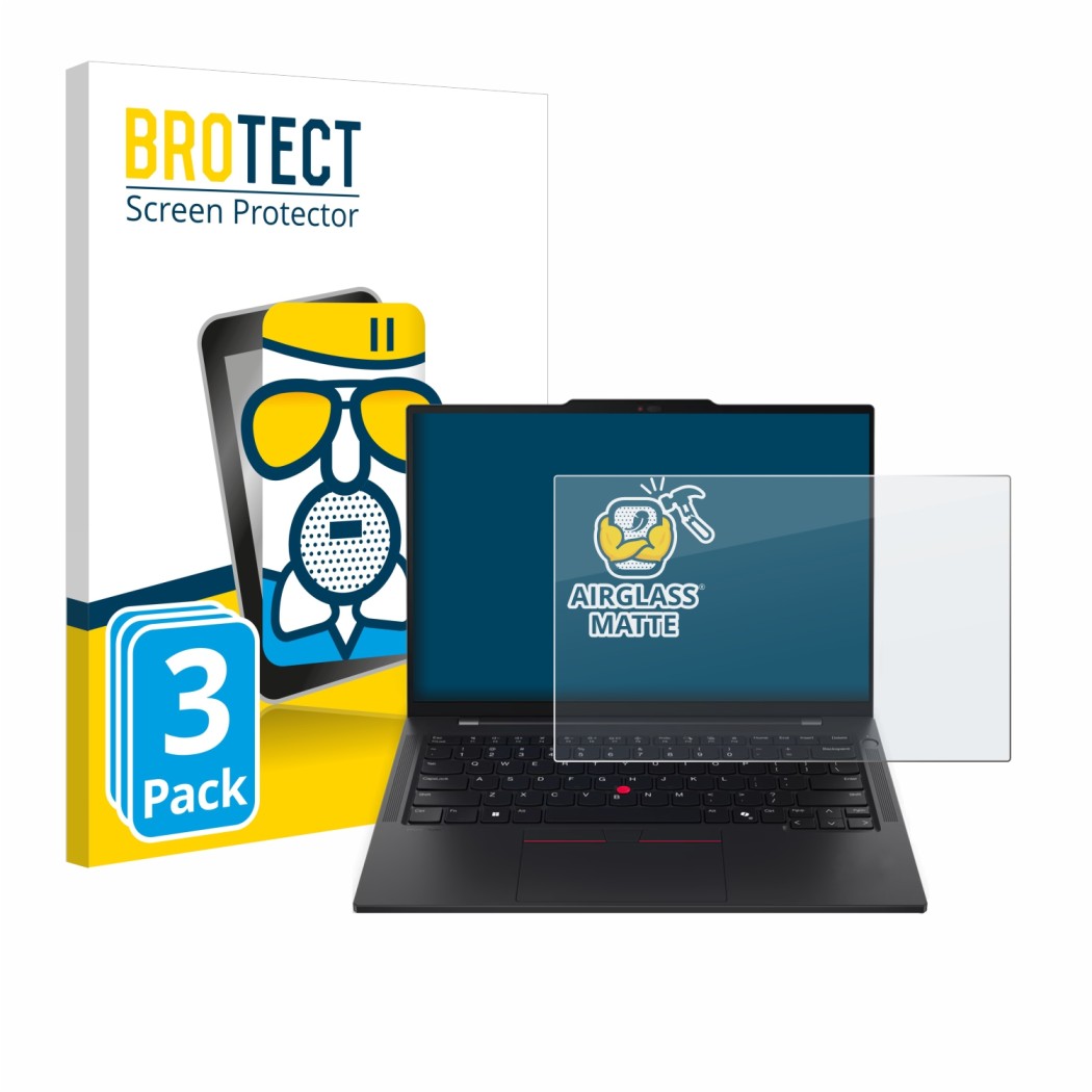 Parte frontal de un envase de producto con el logotipo de la marca BROTECT. Al lado se muestra el dispositivo Lenovo ThinkPad 